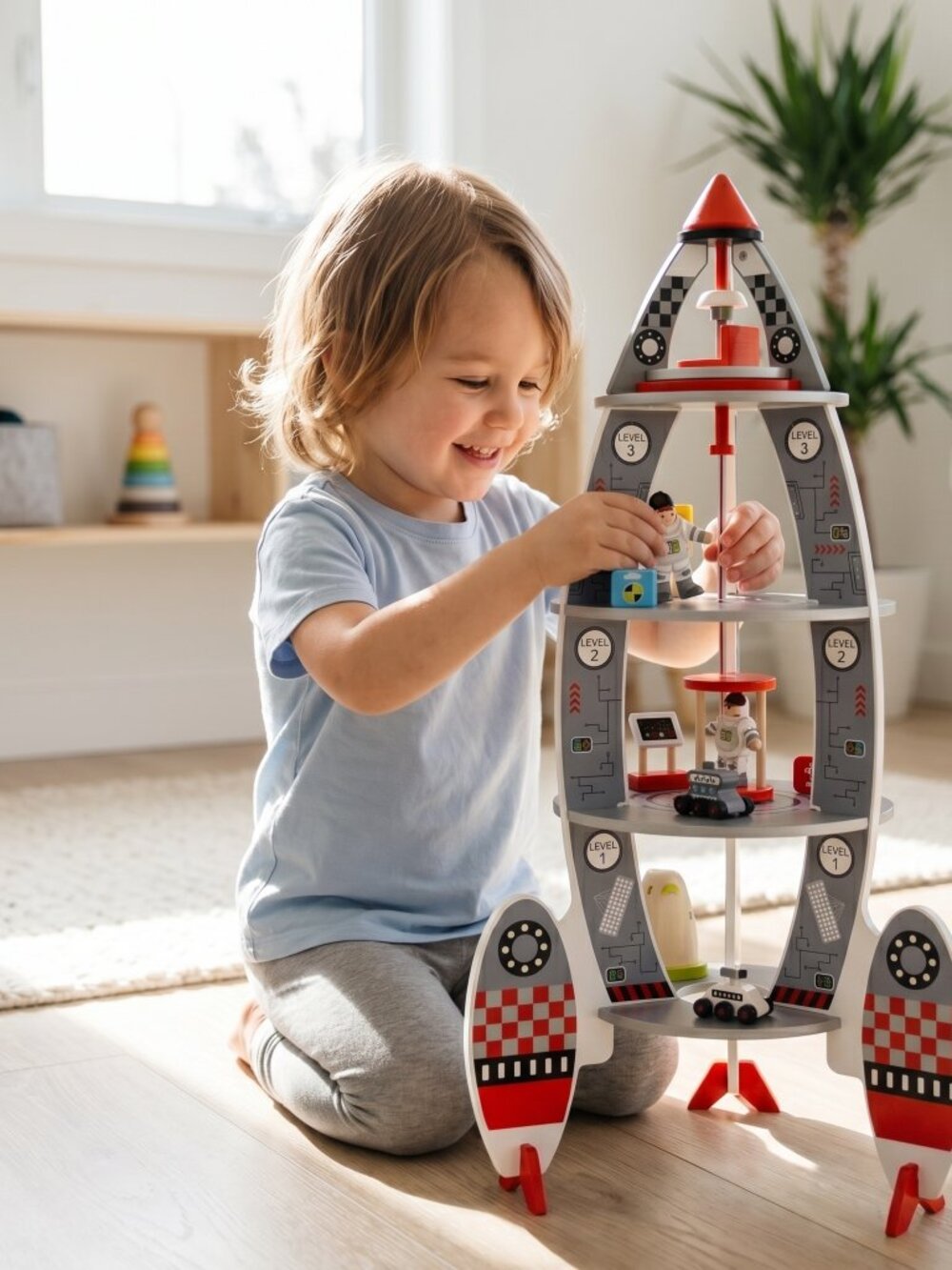 Large Wooden Rocket Ship Playset for Kids, Montessori Space Astronaut Toy - Picture 4 of 16